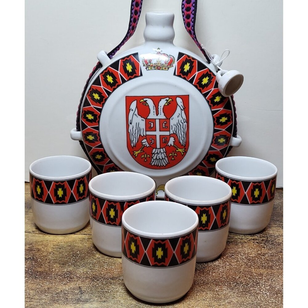 Fena Porzellan Canteen Style Liquor Decanter & 5 Cups Set Serbian Coat of Arms